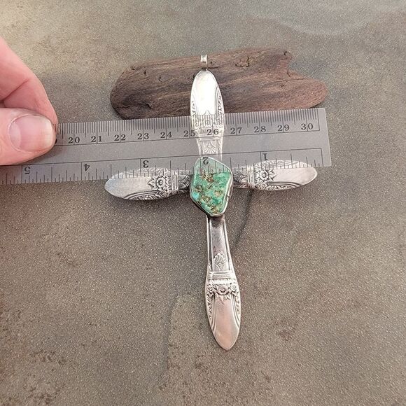 Huge Vintage Sterling Turquoise Antique Silverware Cross Pendant - Picture 8 of 10